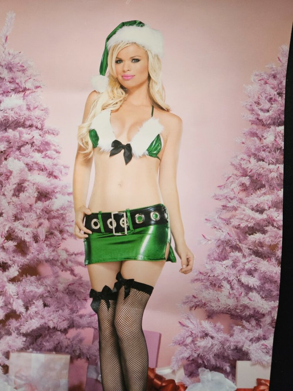 New Last M/L Green Lame Santa Helper elf costume skirt hat tie top Halloween edc